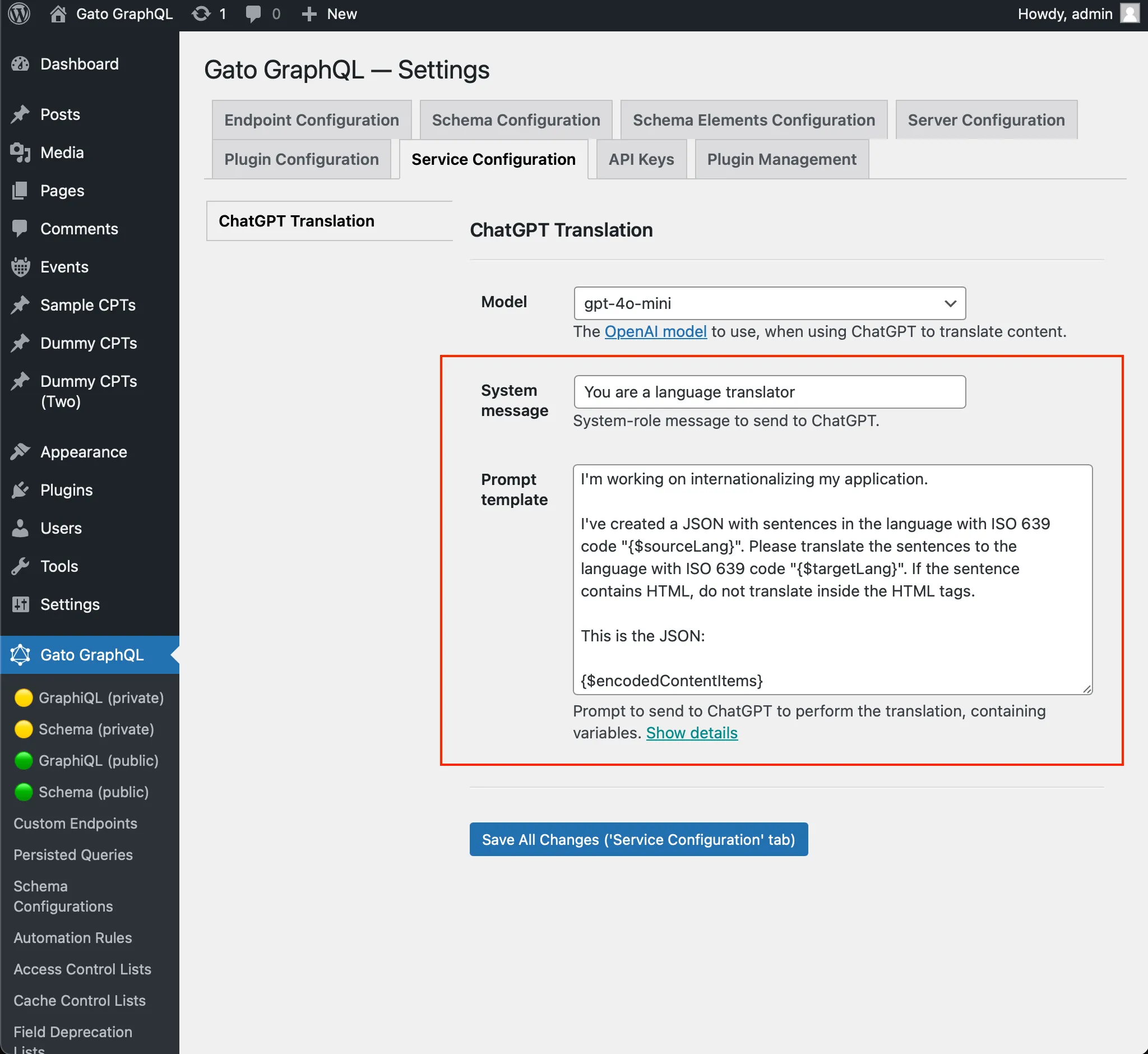 Configurazione del prompt per ChatGPT