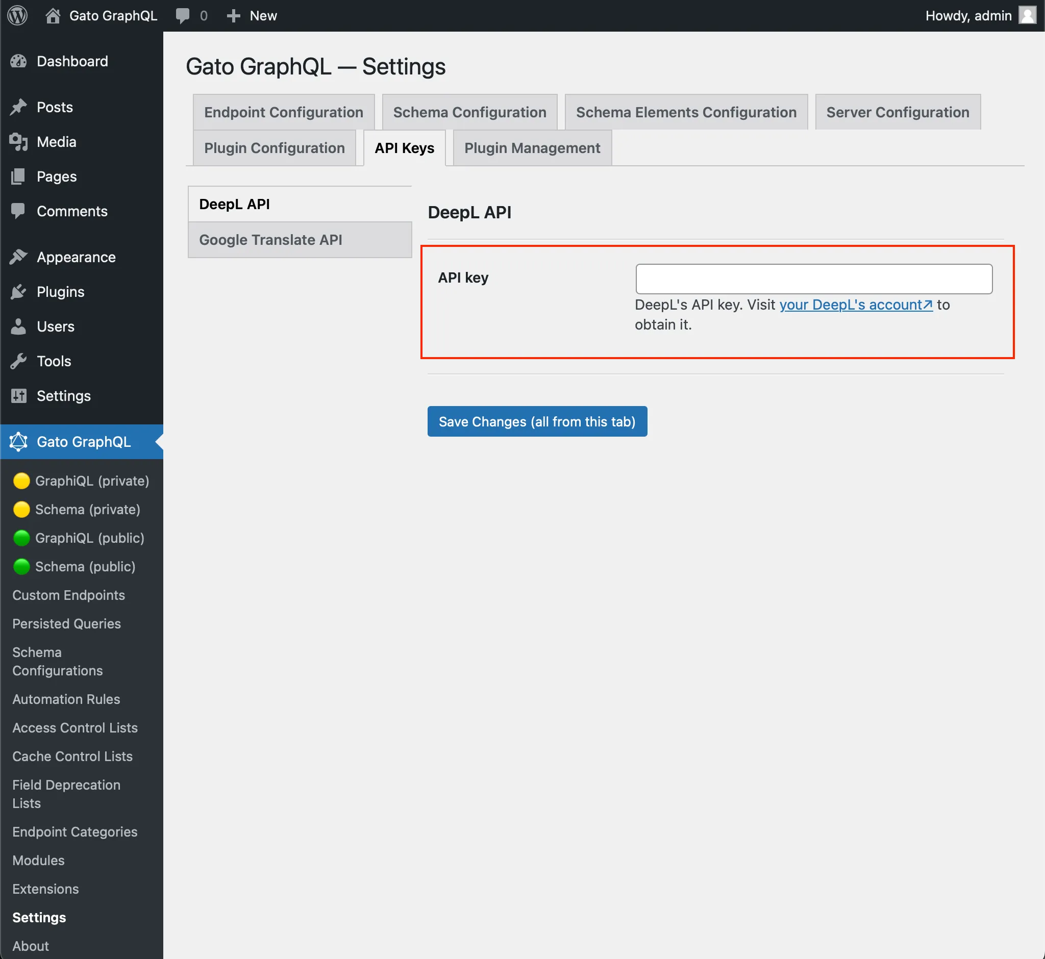 Configurazione della chiave API di DeepL