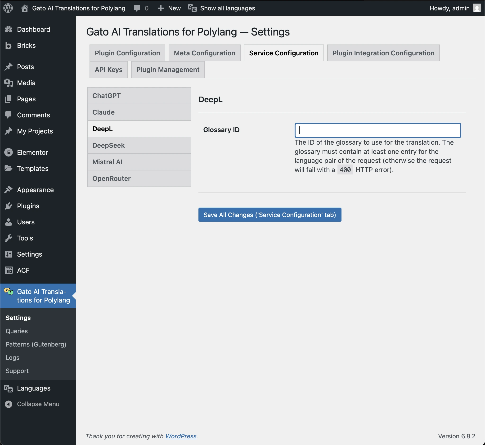 Configurazione dell'ID del glossario per DeepL