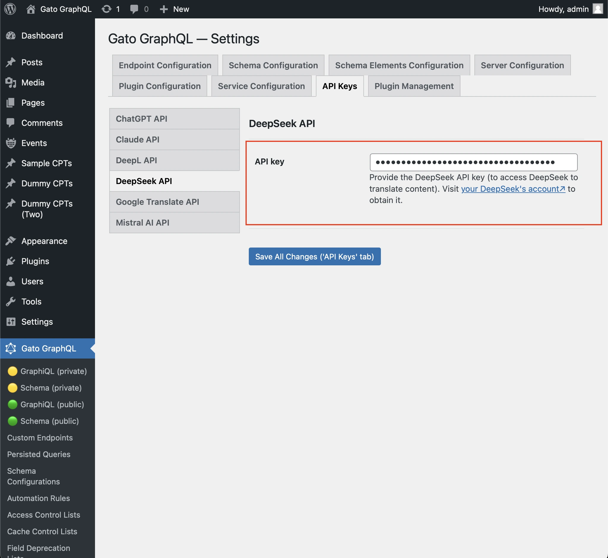Configurazione della chiave API di DeepSeek