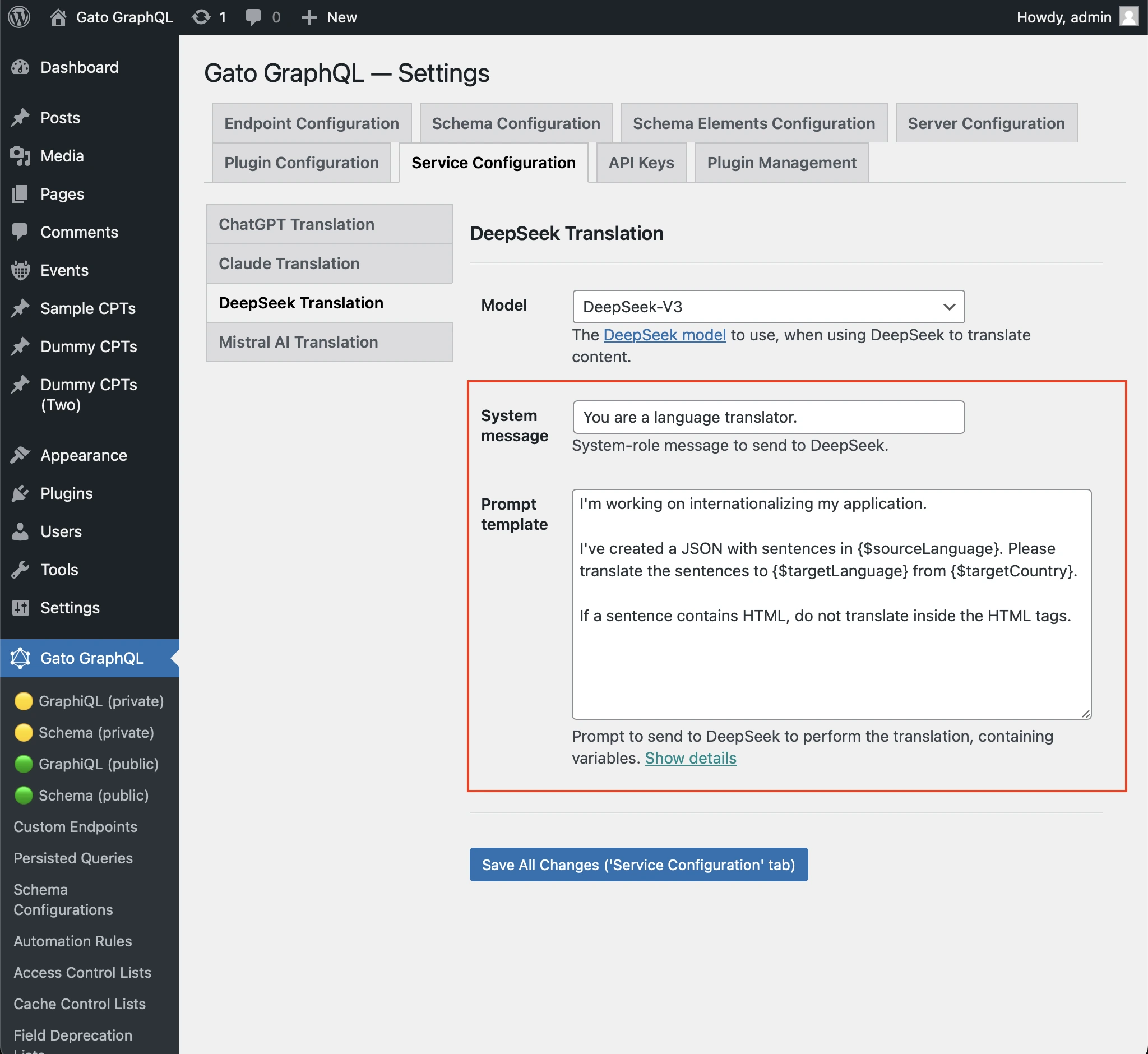 Configurazione del prompt per DeepSeek