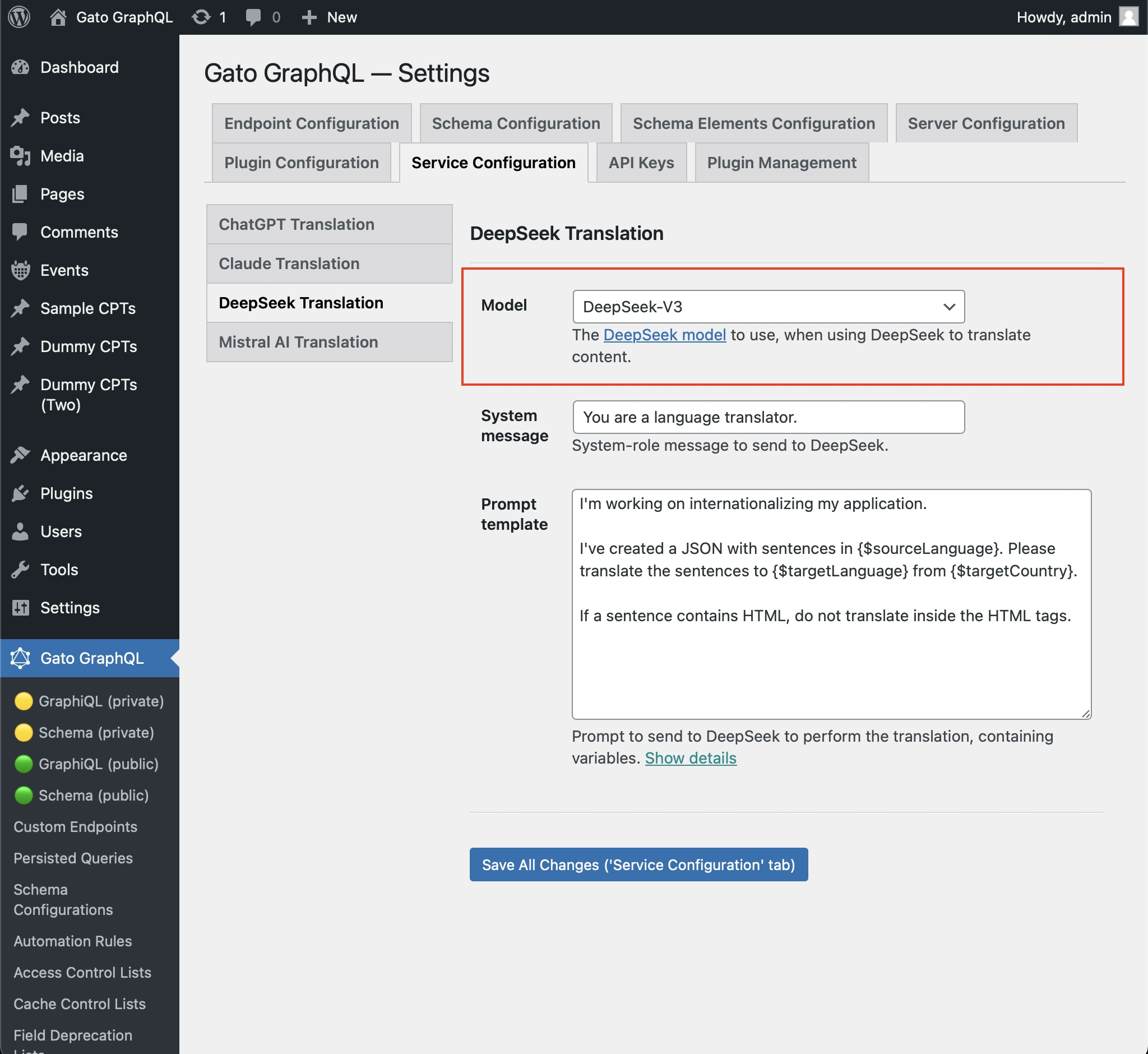 Configurazione del modello DeepSeek