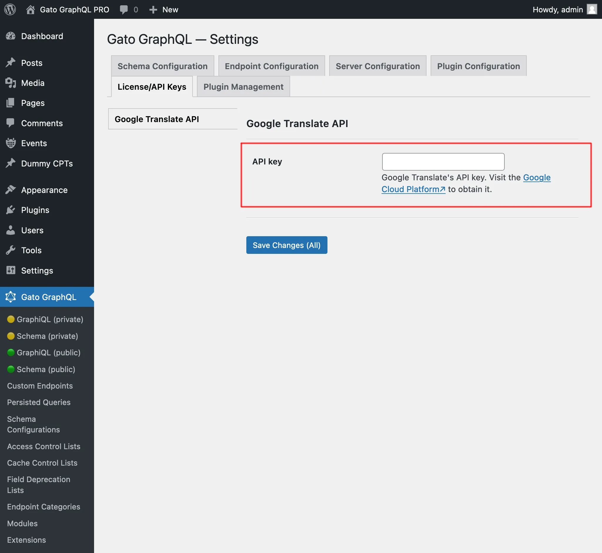 Configurazione della chiave API di Google Translate