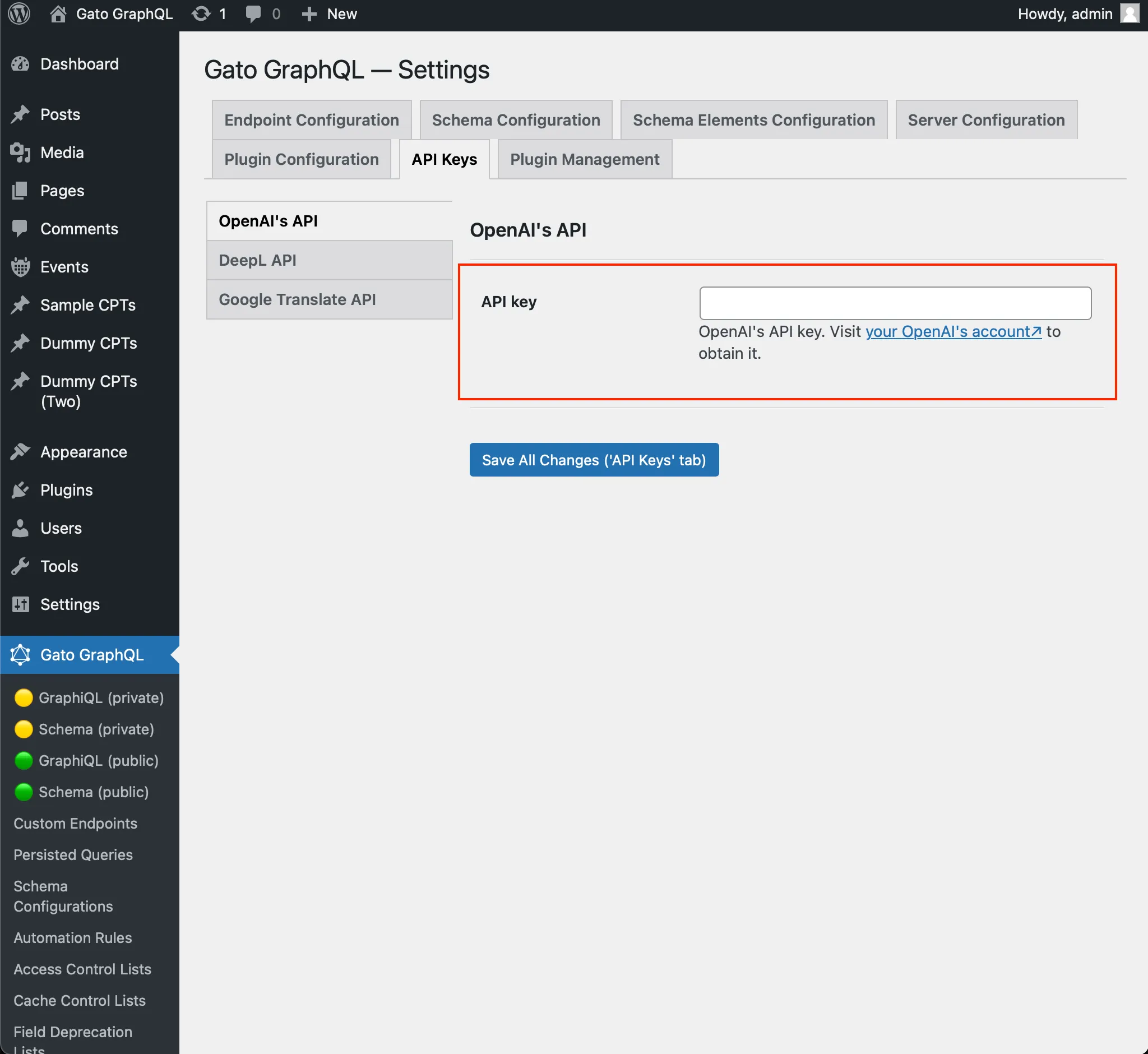Configurazione della chiave API di OpenAI