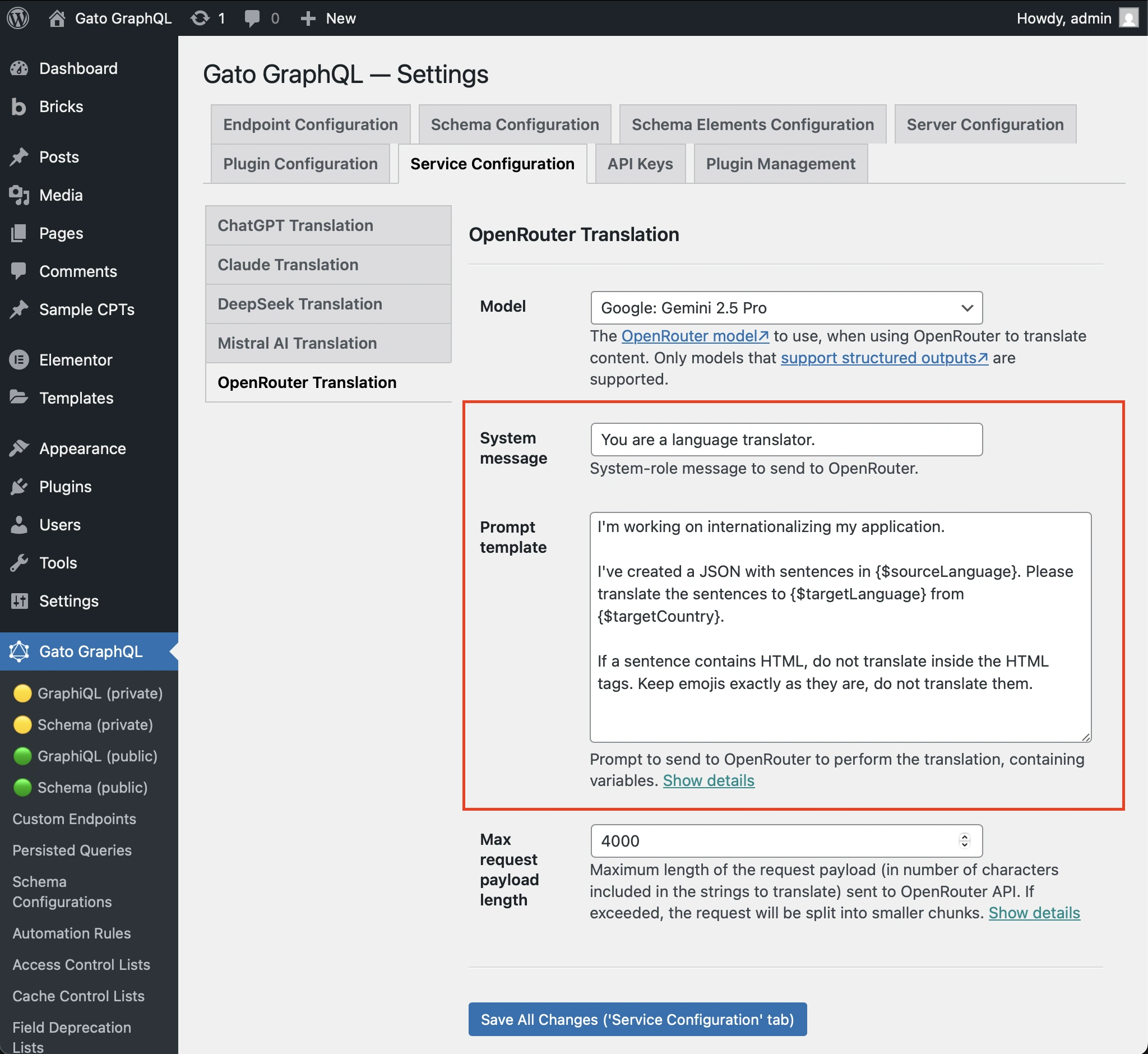 Configurazione del prompt per OpenRouter