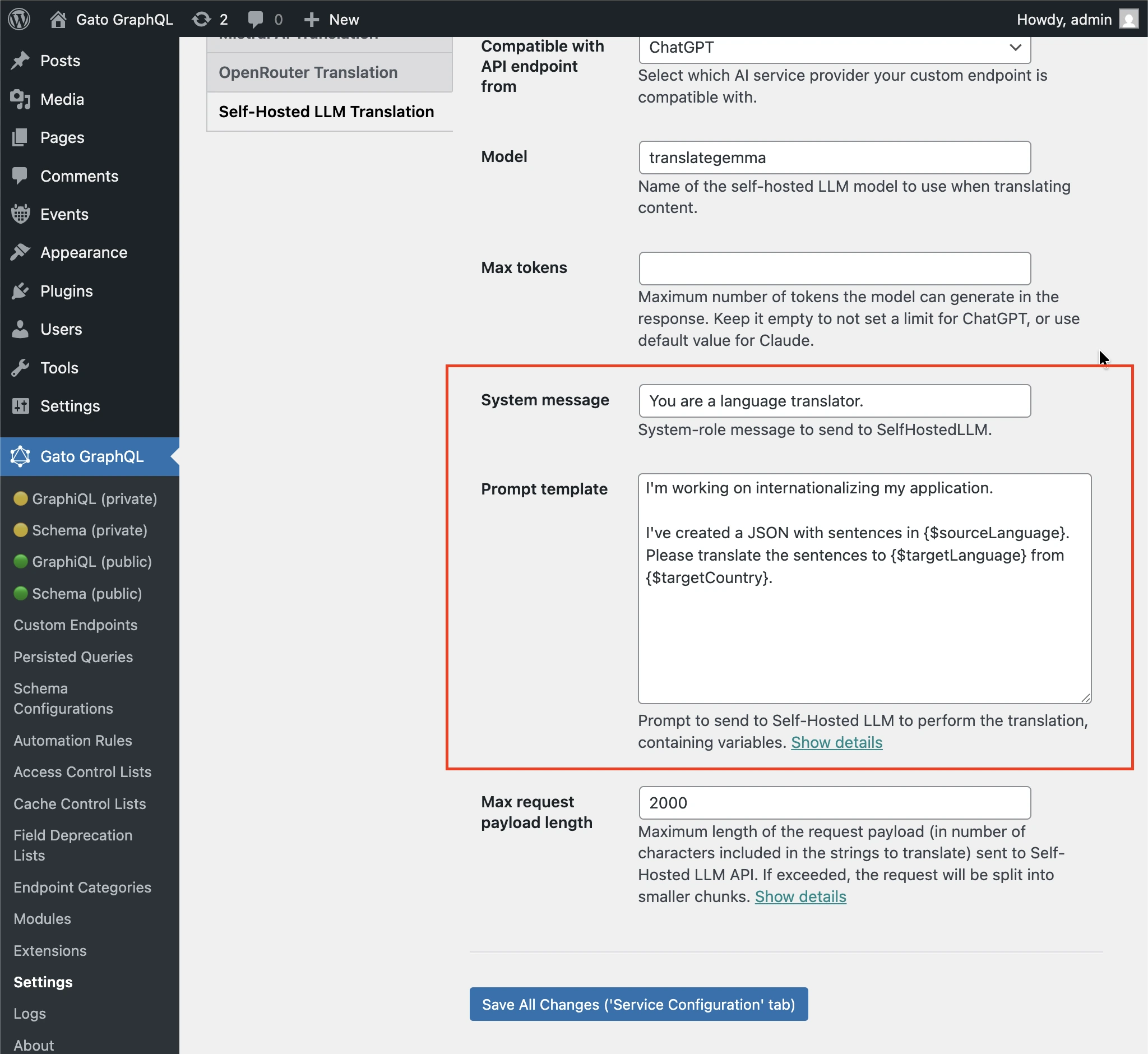 Configurazione del prompt per SelfHostedLLM
