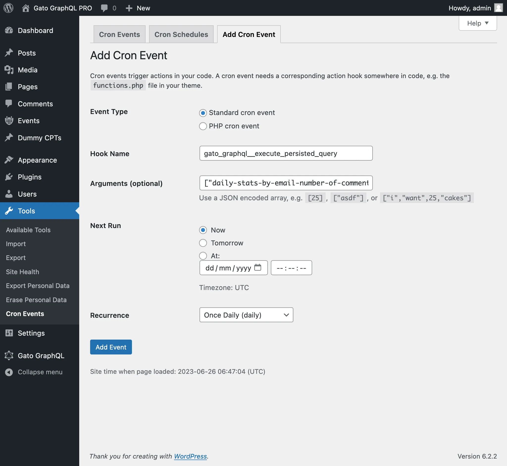 Nuova voce in WP-Crontrol