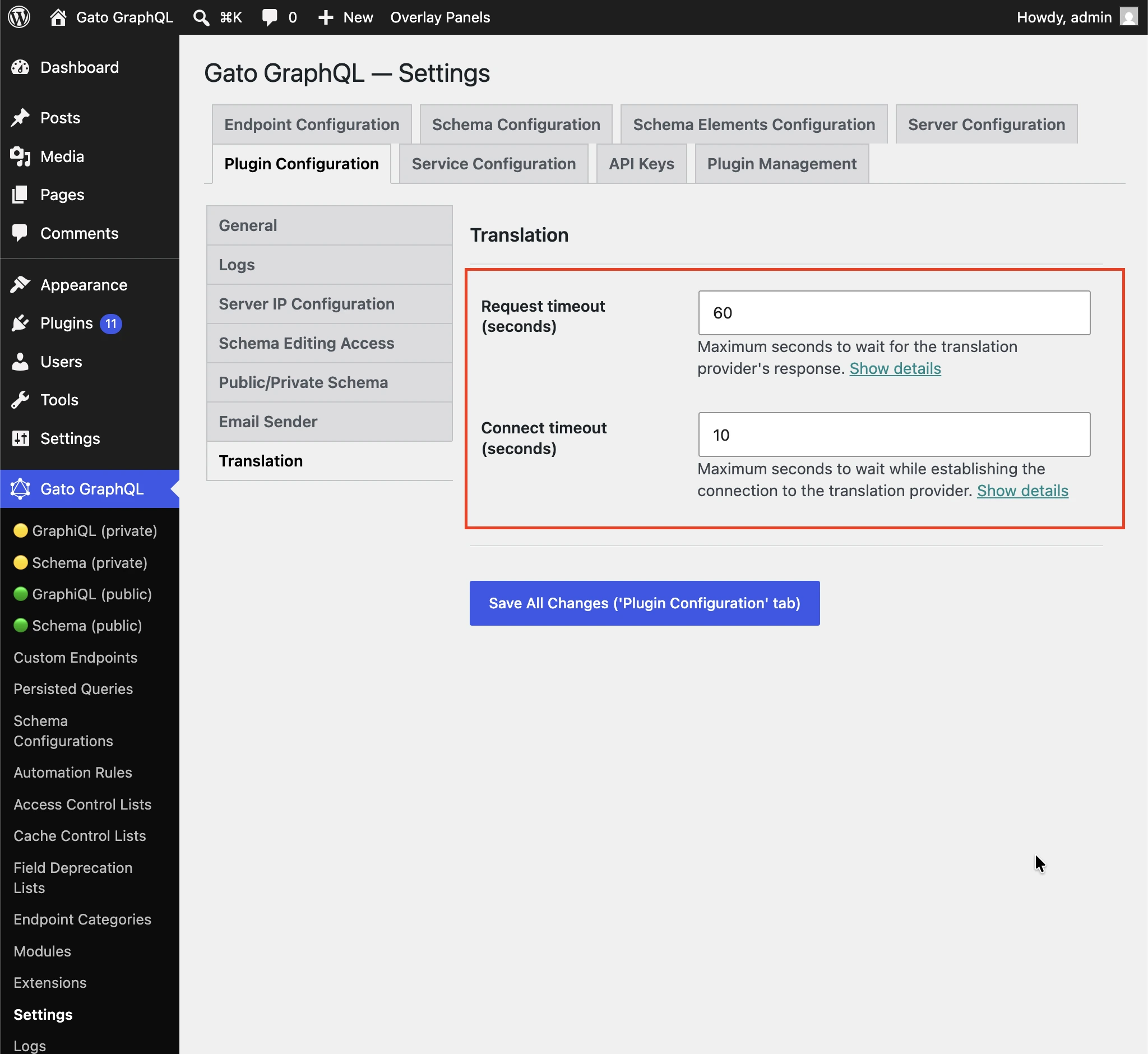 Impostazione del Request timeout e del Connection timeout per la traduzione