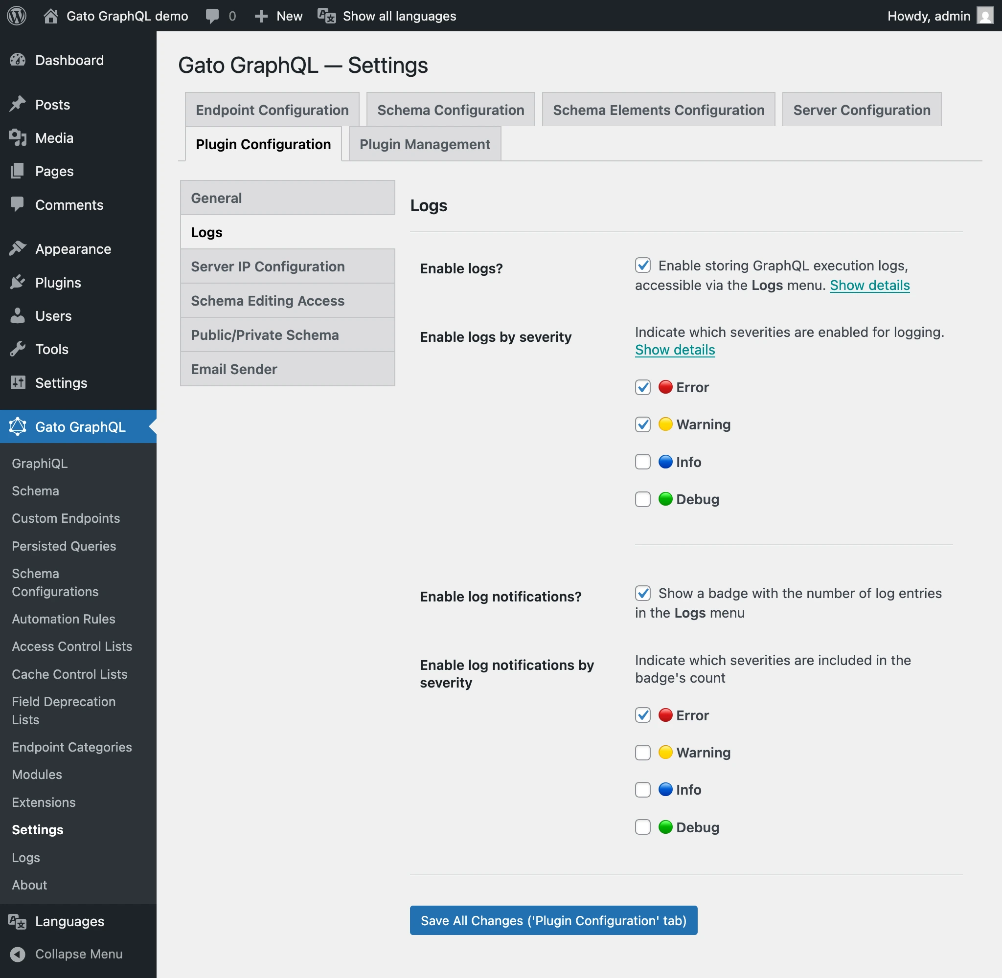 Impostazioni dei Log e delle Notifiche