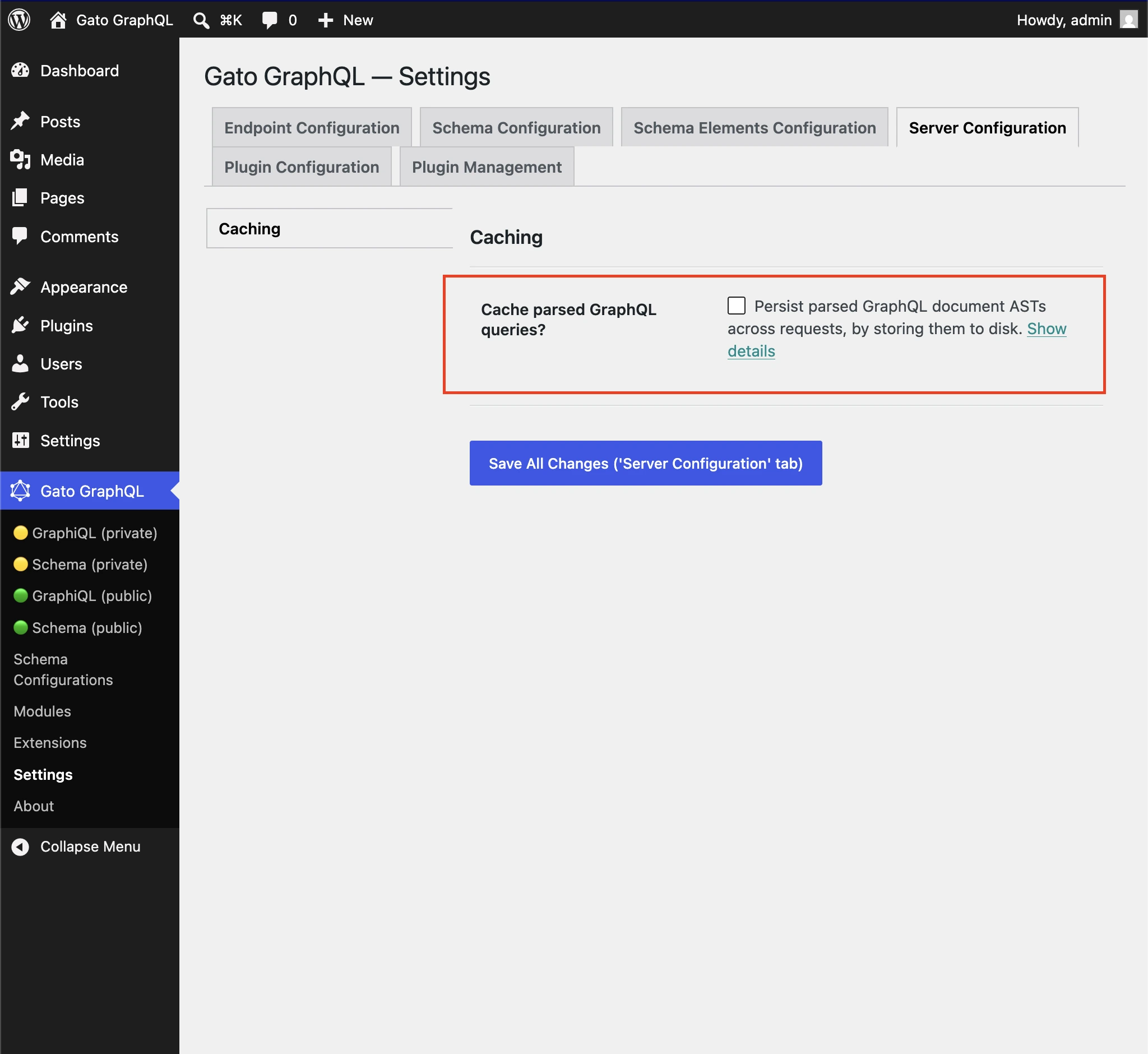Abilitazione della cache per le query GraphQL parsate nelle Settings