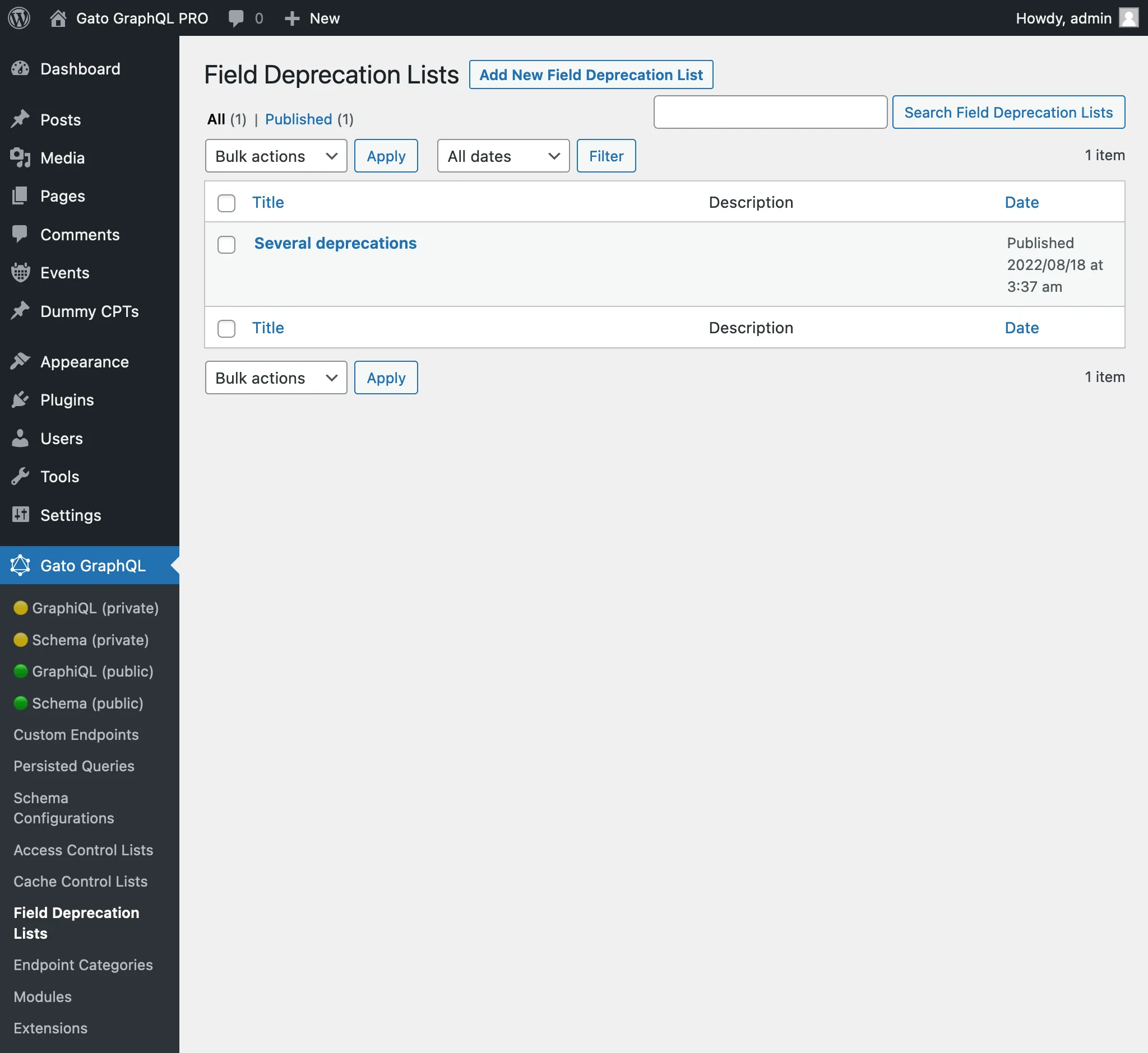 Field Deprecation Lists nel pannello di amministrazione