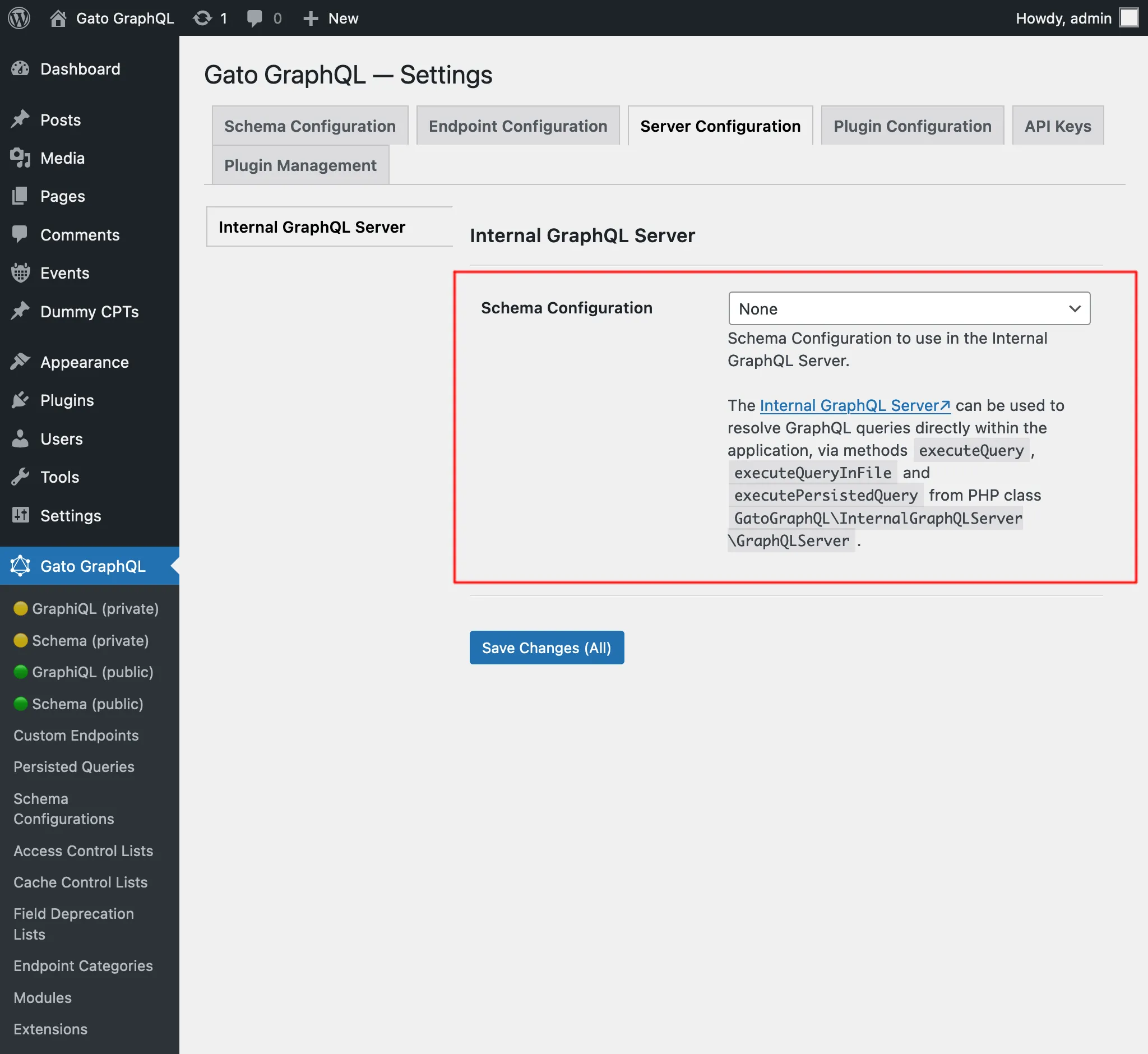 Configurazione dello schema per il Internal GraphQL Server nelle Impostazioni