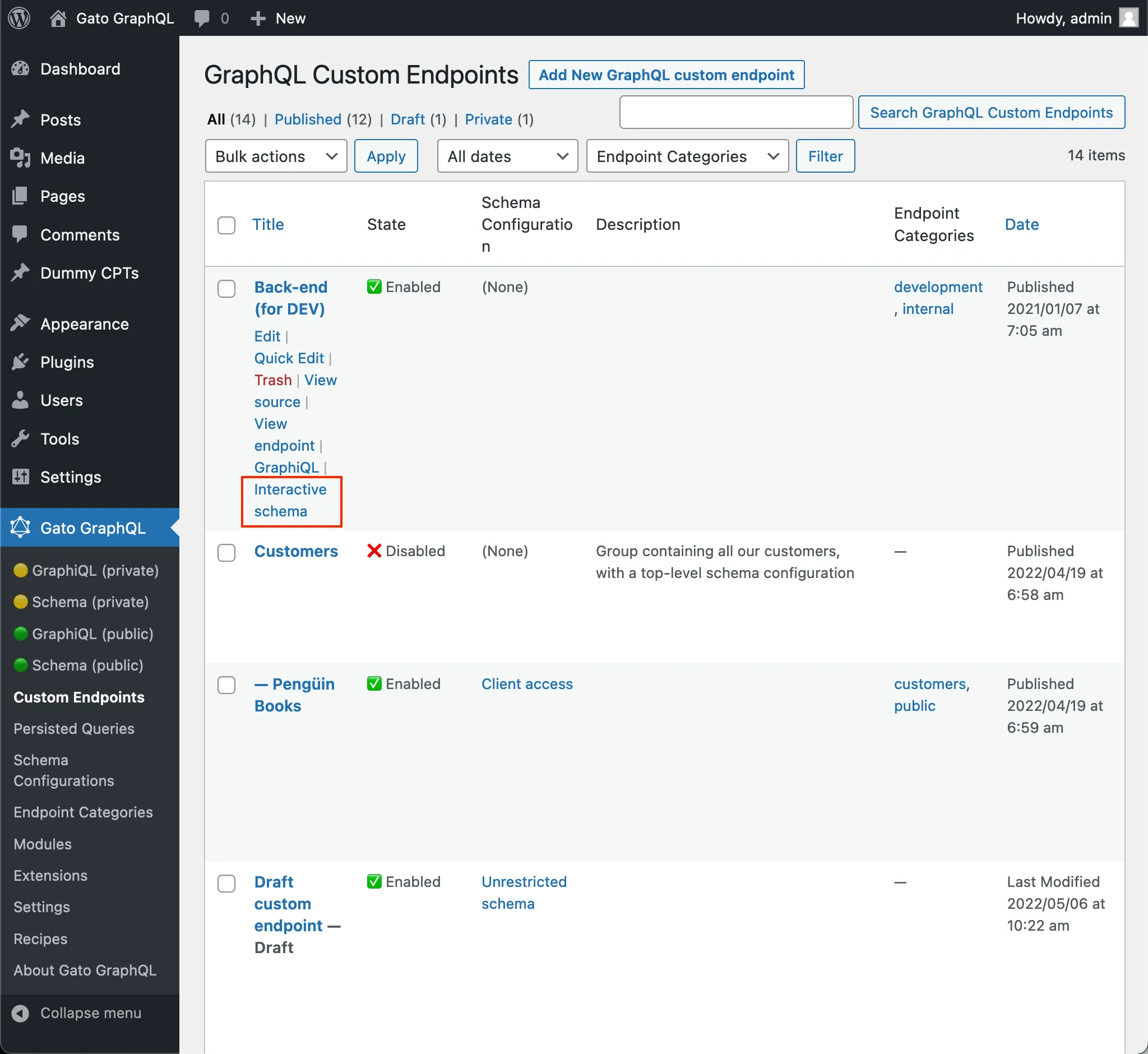 Link al client Interactive Schema del custom endpoint nell'elenco
