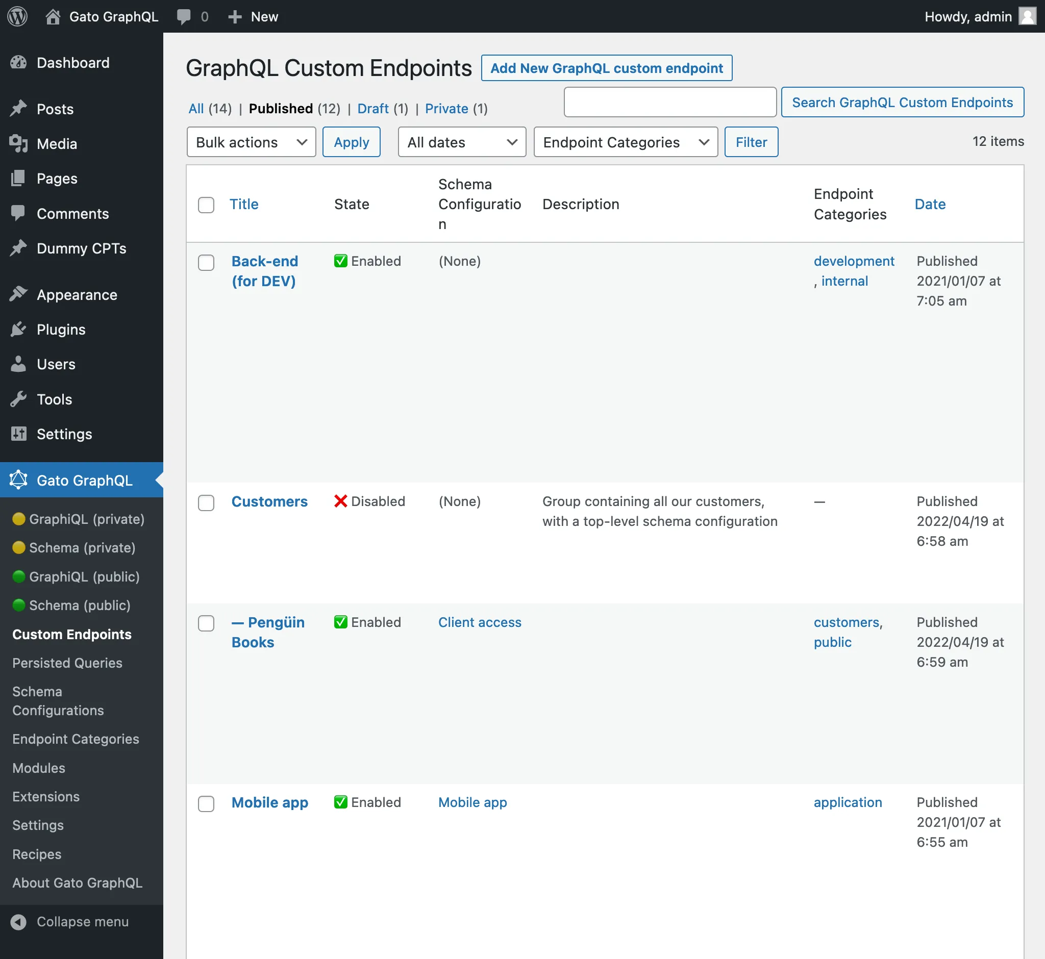 Pagina dei Custom Endpoints