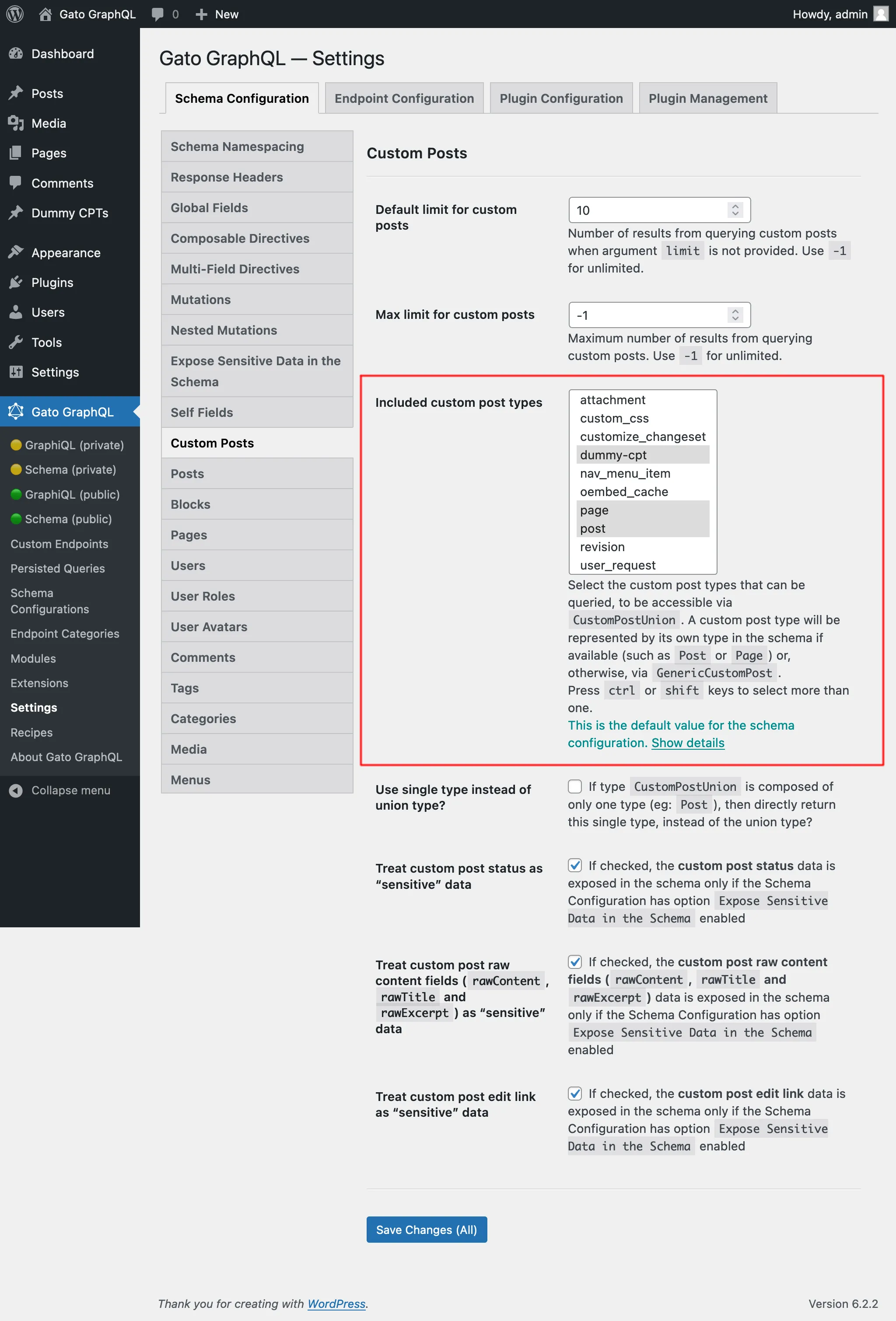 Selezione dei Custom Post Types consentiti nelle Impostazioni