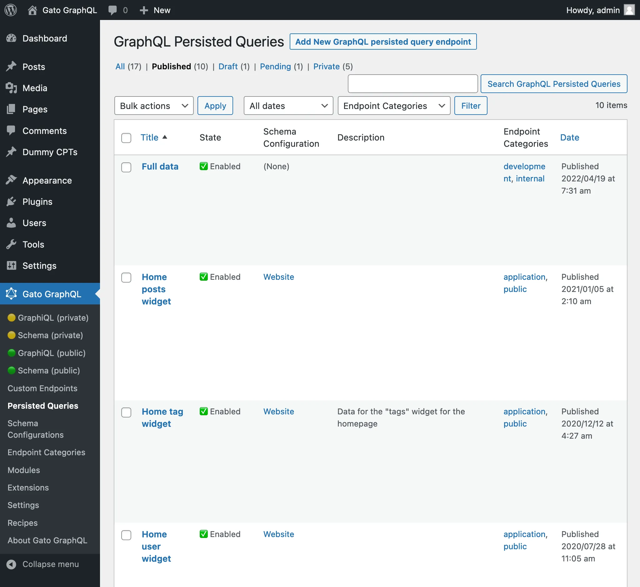 Pagina delle persisted queries