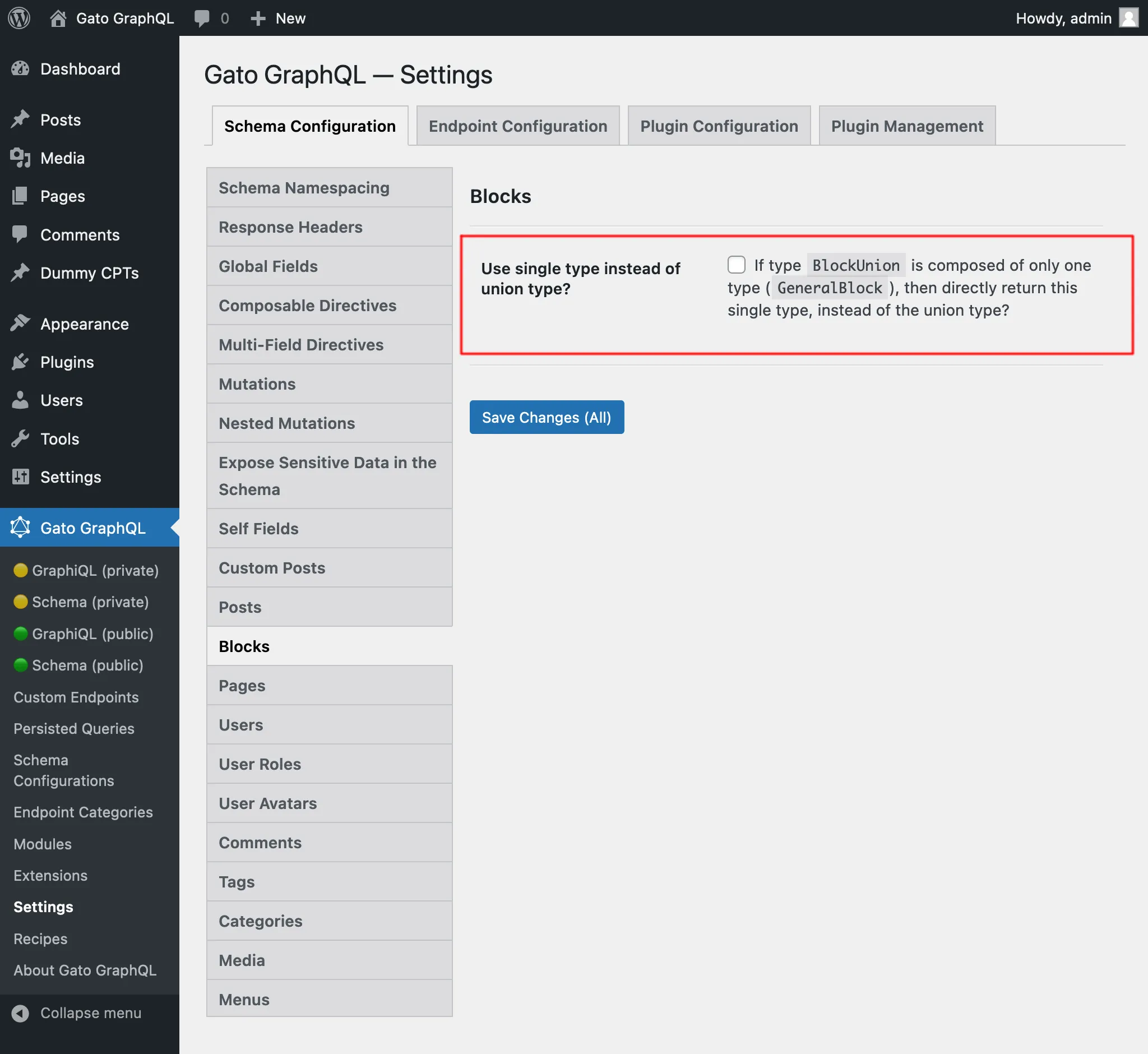 Configurazione per recuperare `GeneralBlock` direttamente invece di `BlockUnion`
