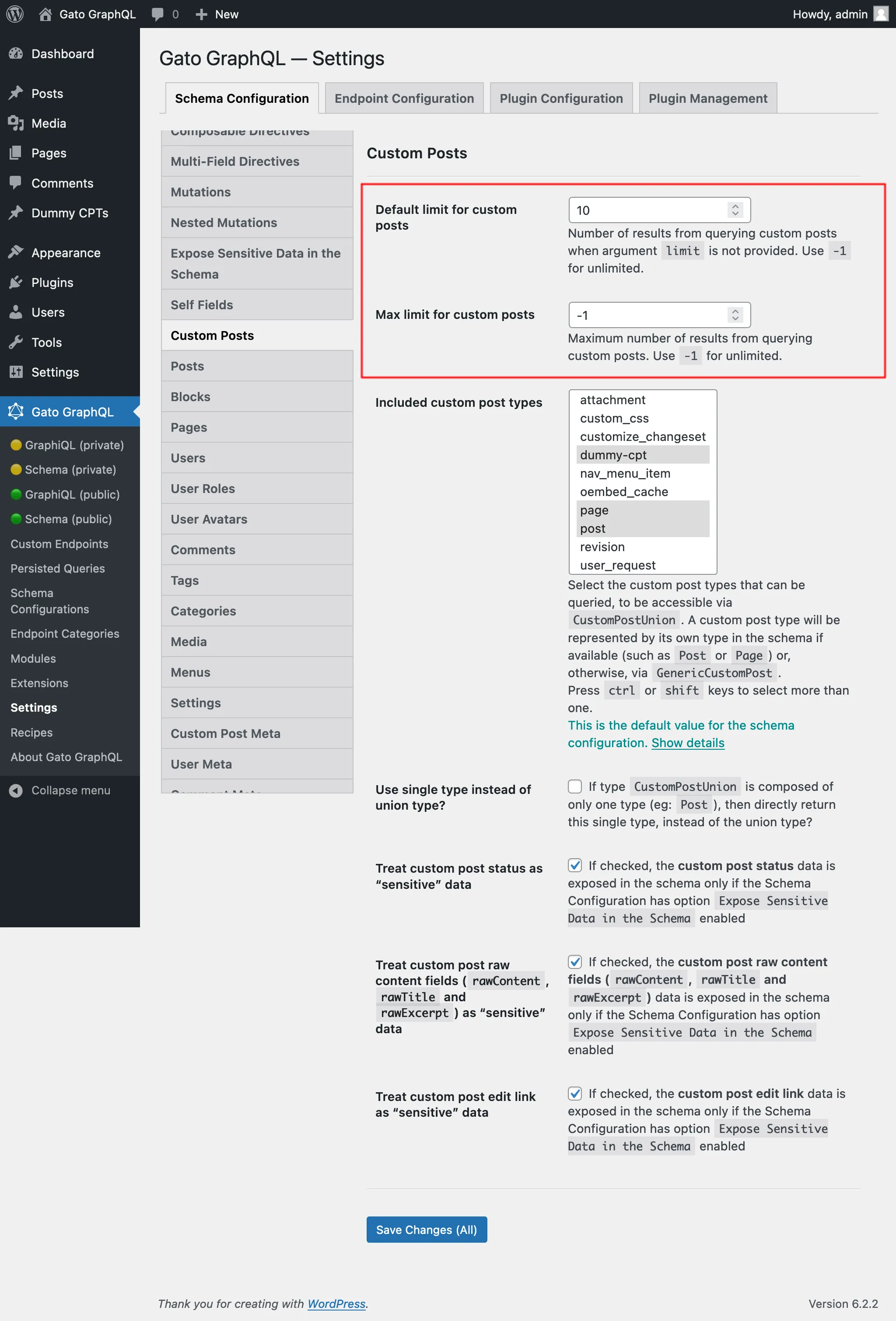 Impostazioni per i limiti dei Custom Post