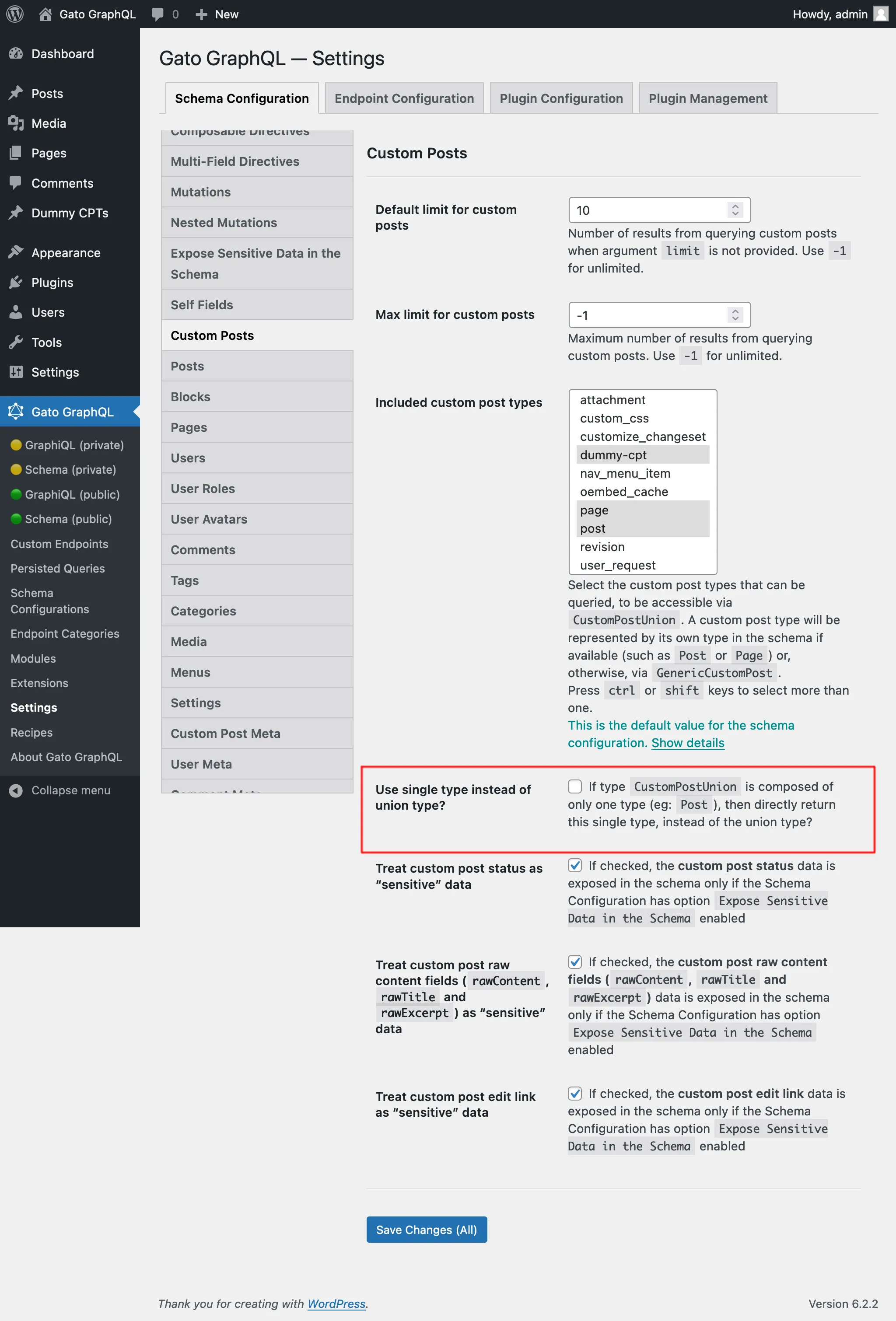 Impostazioni per Custom Posts
