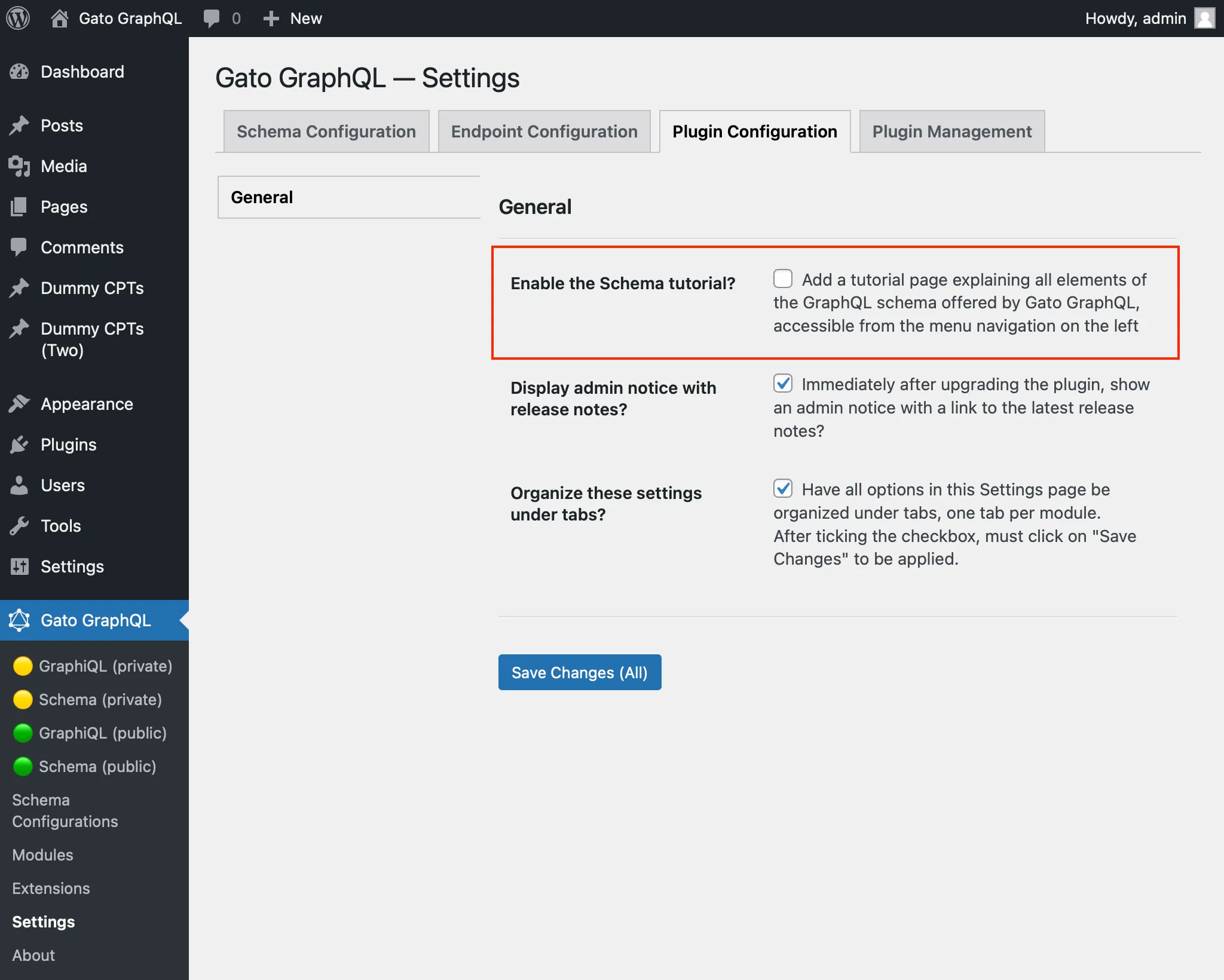 Abilitazione della pagina del tutorial dello Schema nelle Impostazioni