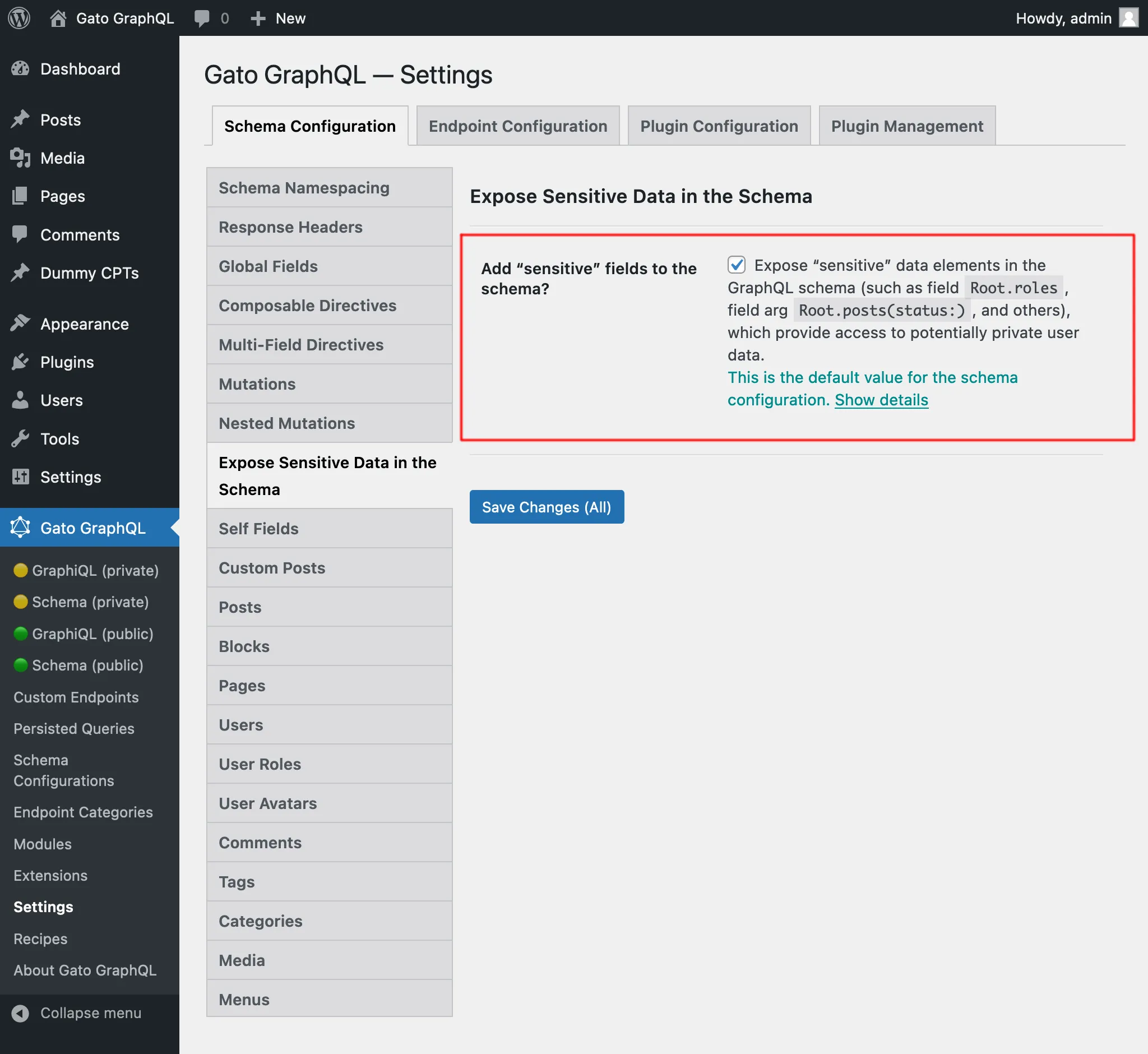 Configurazione degli elementi dati sensibili per la schema configuration, nelle Impostazioni