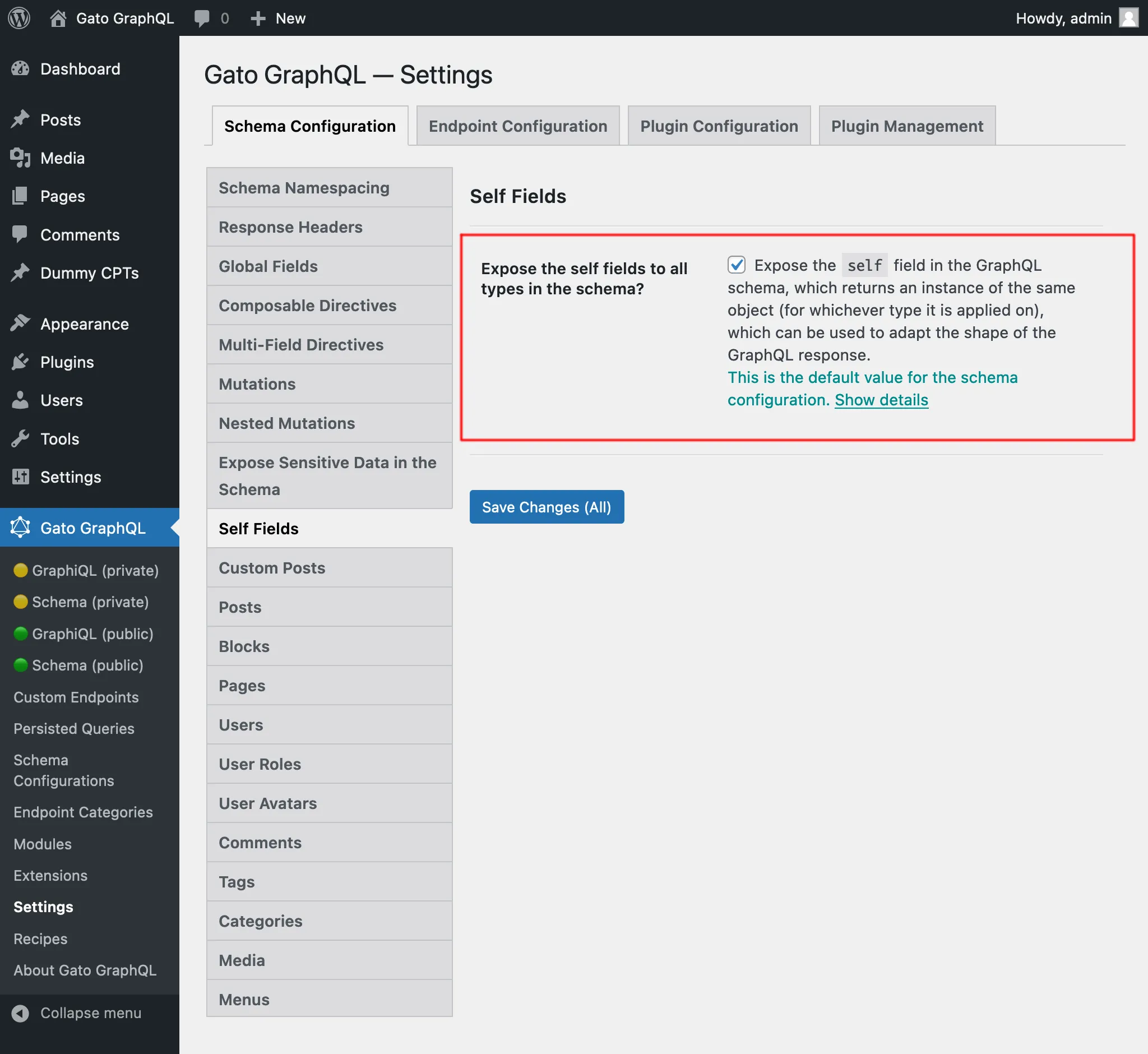 Configurazione dei campi self per la schema configuration, nelle Impostazioni