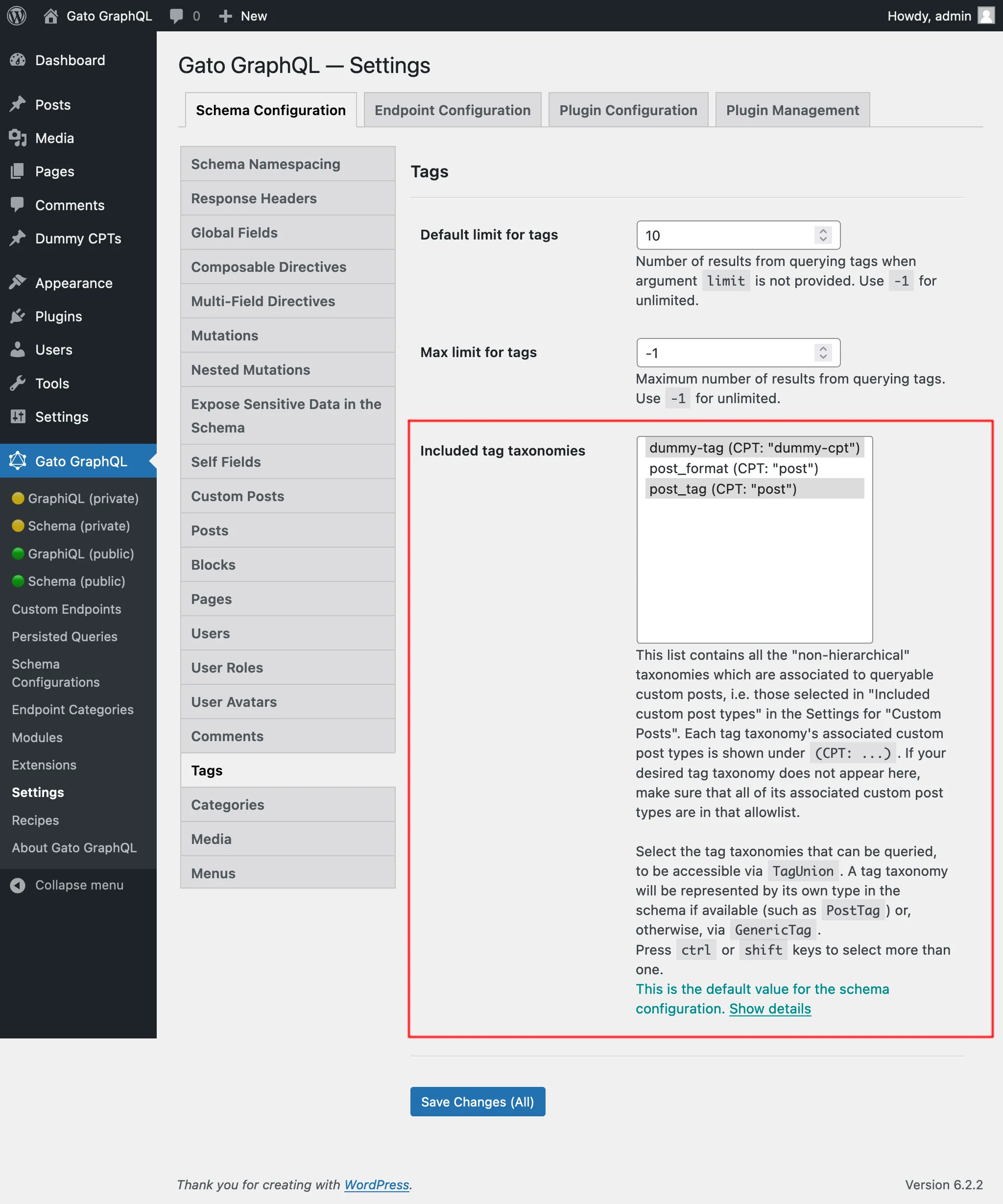 Selezione delle tassonomie di tag consentite nelle Impostazioni