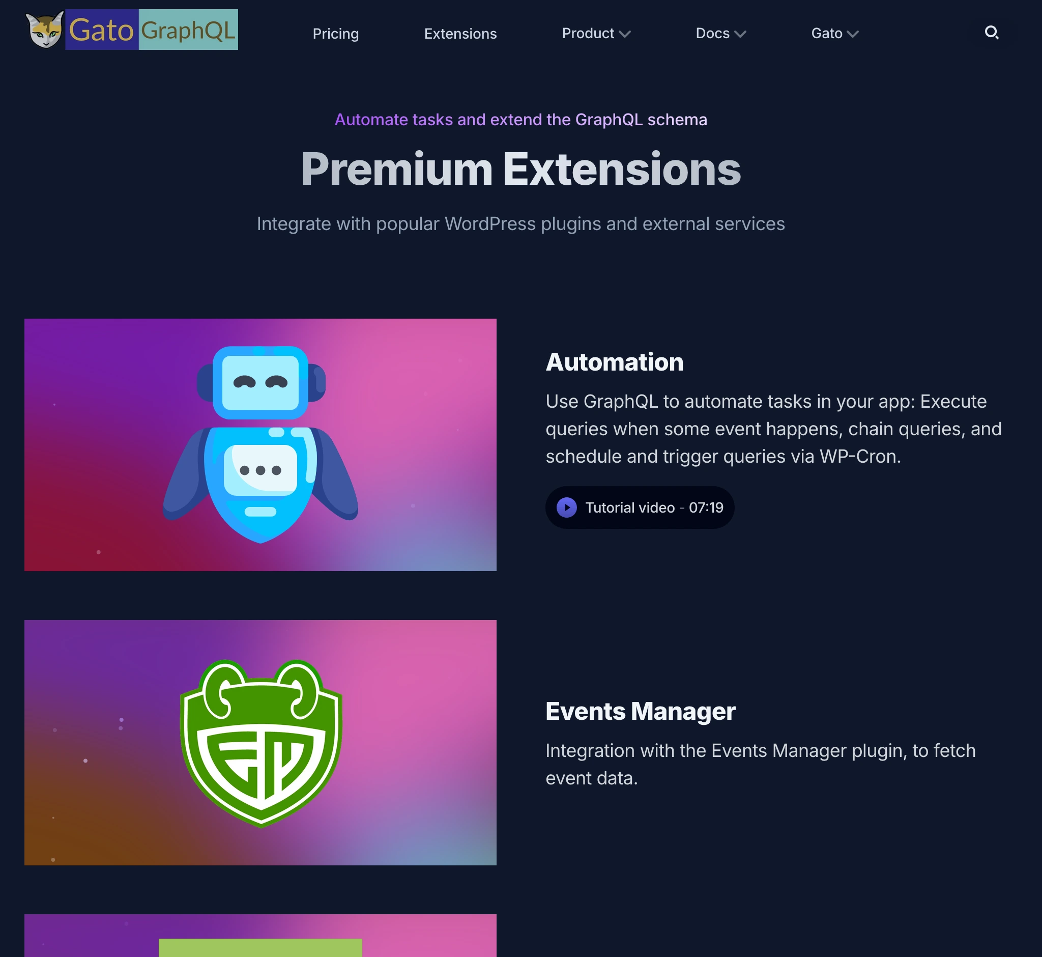 Sezione estensioni su gatographql.com