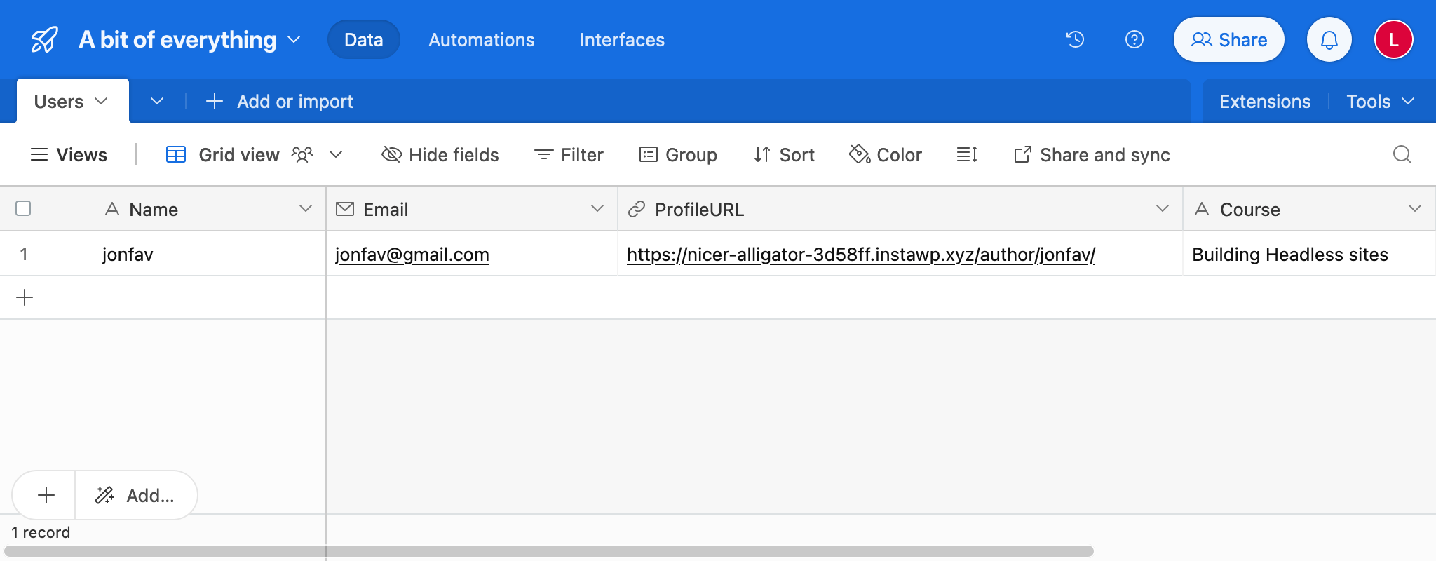 Tabella in AirTable con i dati del LMS