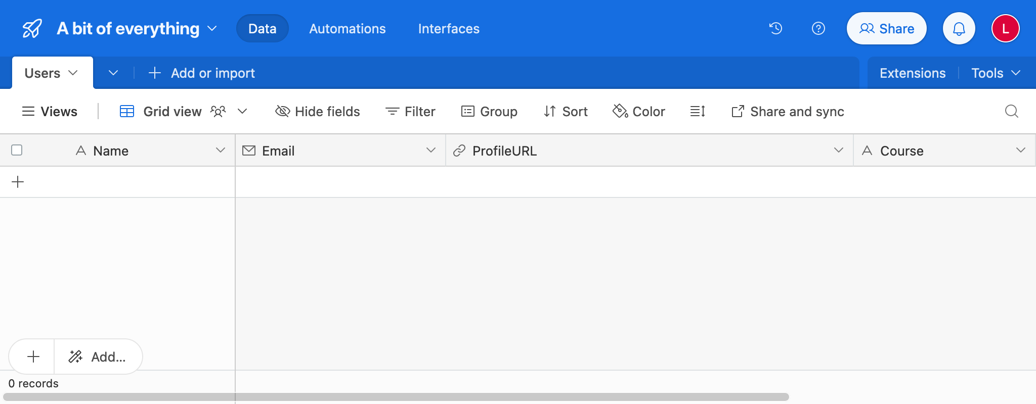 Tabella in AirTable con i dati del LMS