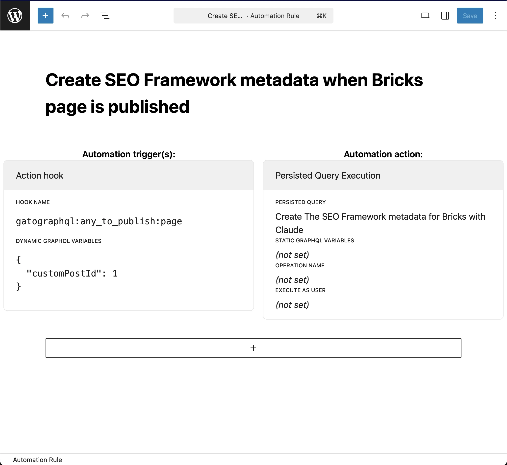 Regola di Automation per creare i metadati di The SEO Framework per Bricks con Claude