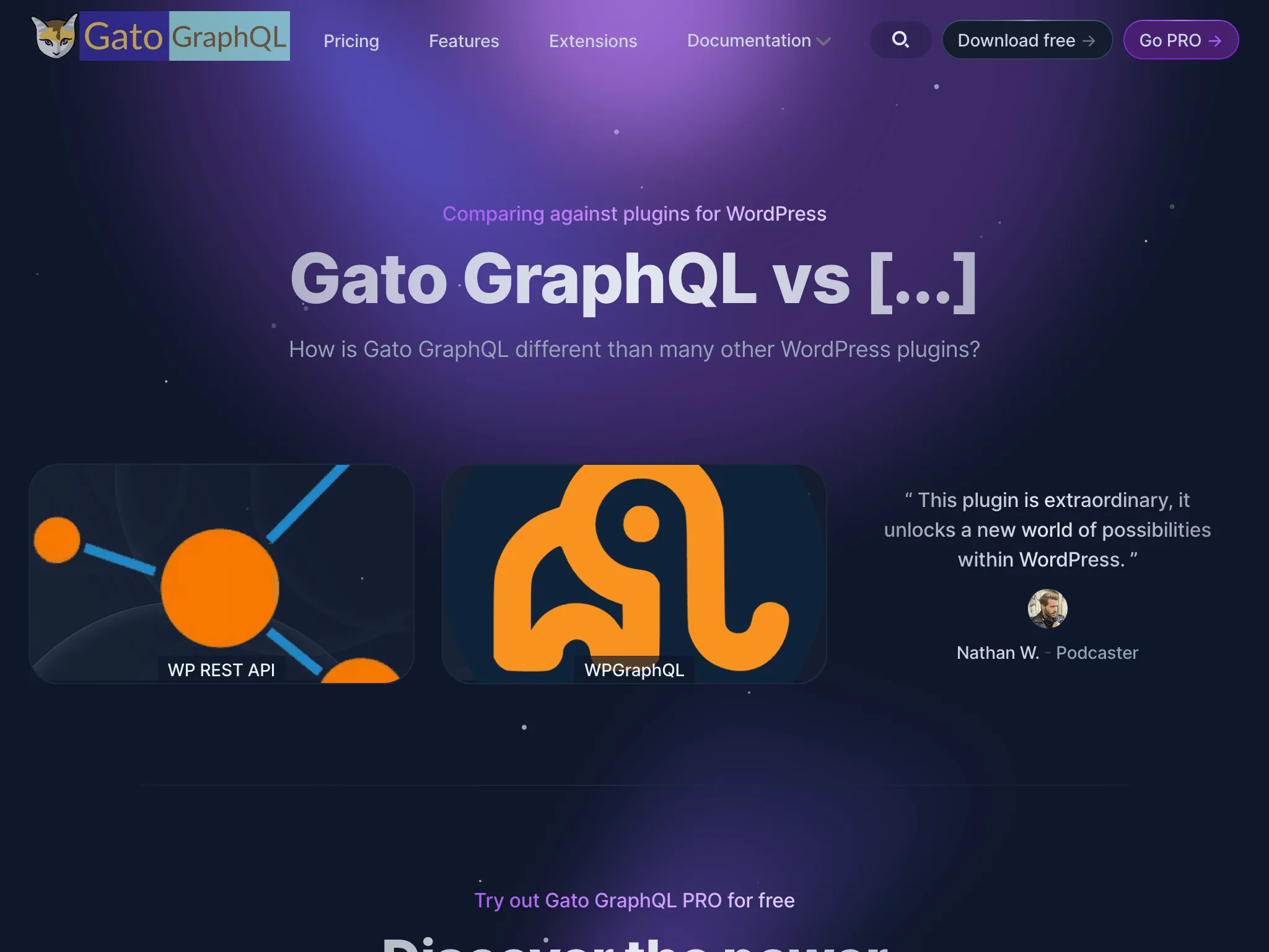 Pagina dei Confronti nel nuovo sito web di Gato GraphQL