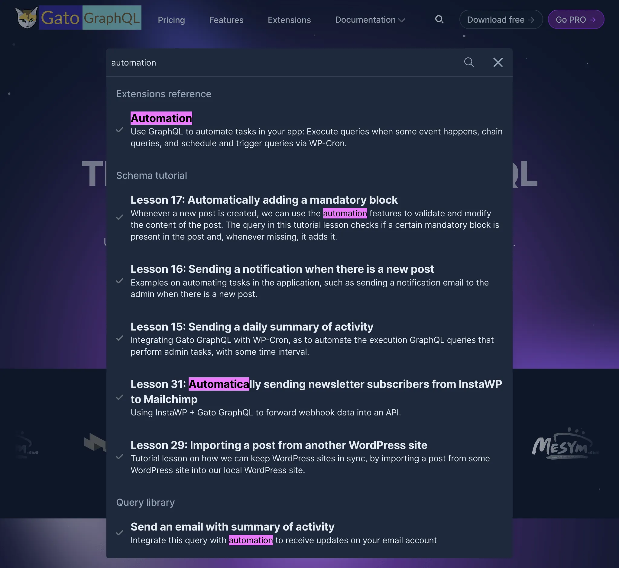 Ricerca nel nuovo sito web di Gato GraphQL
