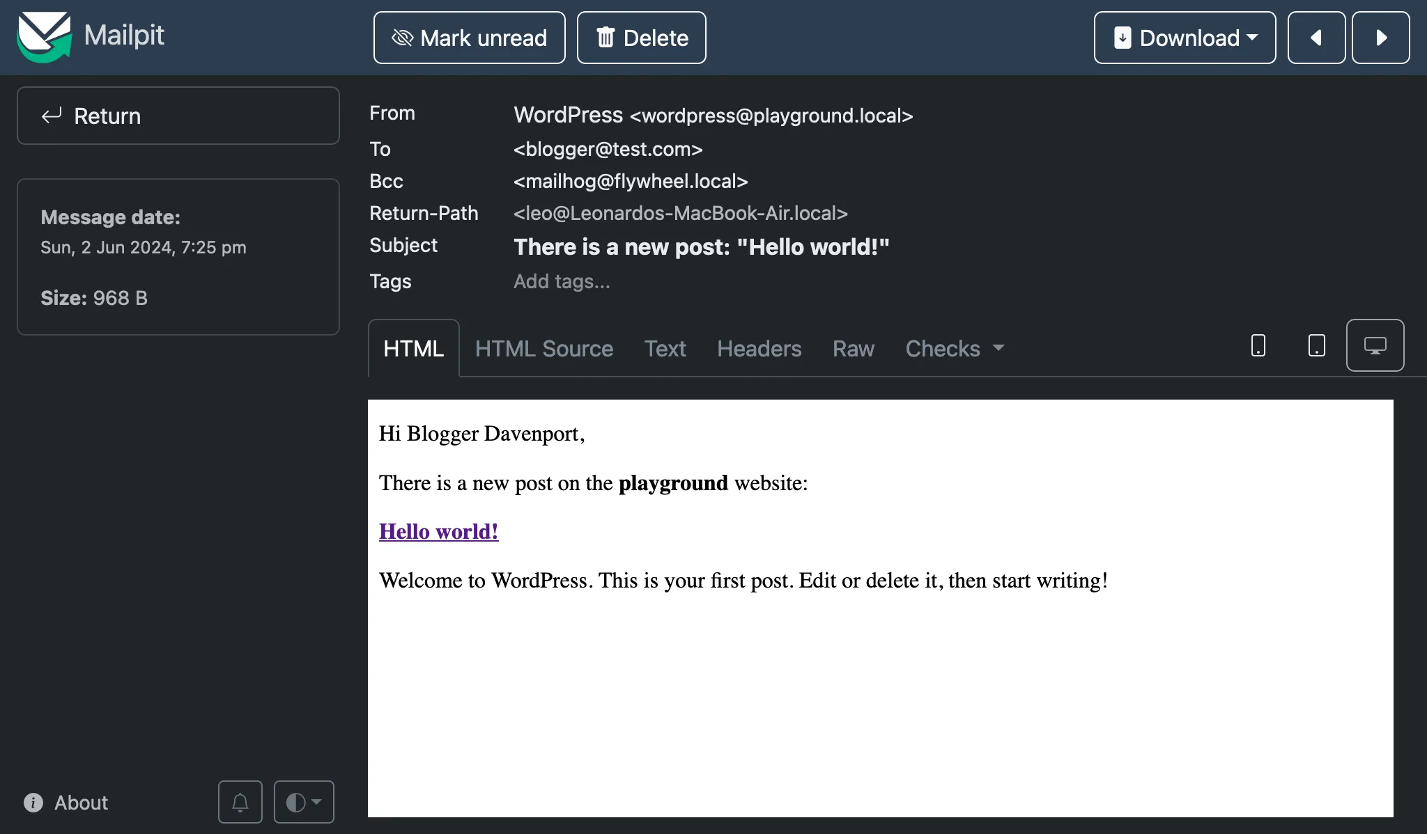 Email di notifica di un nuovo articolo inviata all'utente